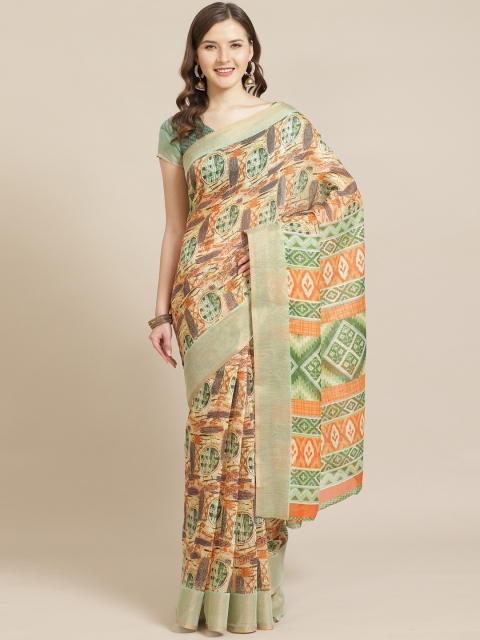 

Shangrila Creation Beige & Orange Printed Block Print Saree