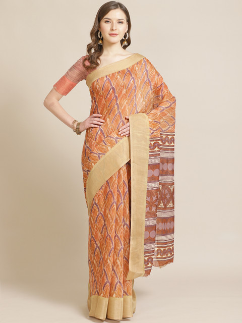 

Shangrila Creation Brown & Purple Printed Block Print Saree