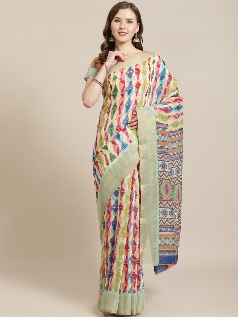 

Shangrila Creation Green & Blue Printed Block Print Saree