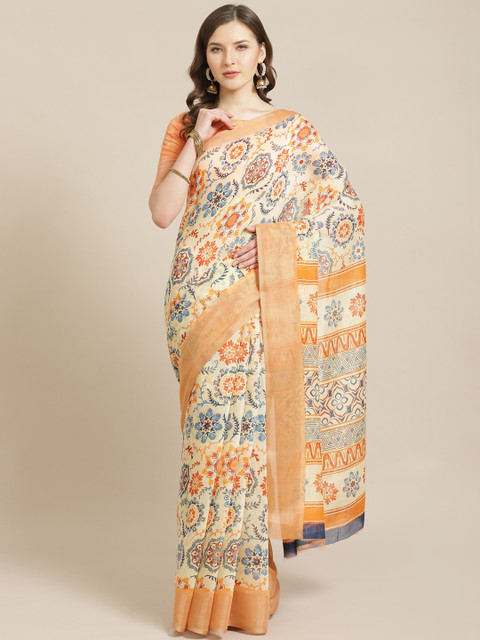 

Shangrila Creation Cream-Coloured & Navy Blue Printed Block Print Saree