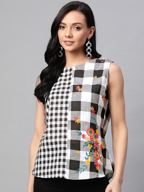 

Shree Women White & Black Pure Cotton Checked A-Line Top
