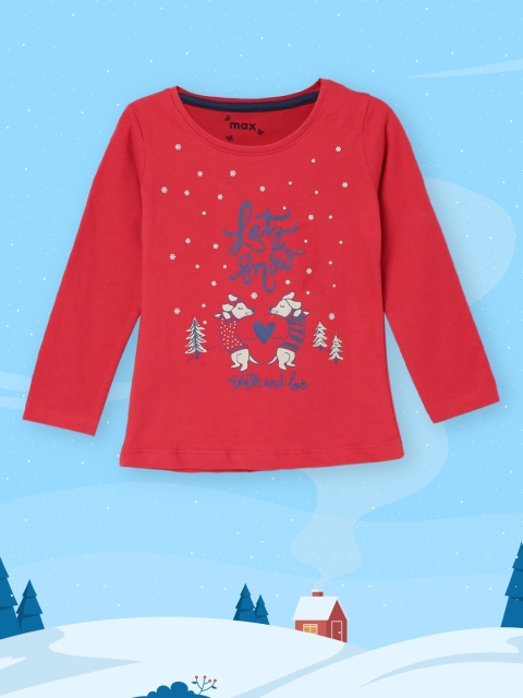 

max Girls Red Printed Round Neck T-shirt