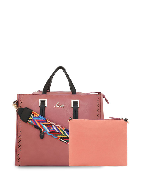 

Lavie Women Pink Solid Structured Handheld Bag with Cut Work