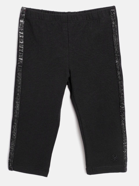 

United Colors of Benetton Girls Solid Ankle Length Leggings with Side Shimmer Taping, Black