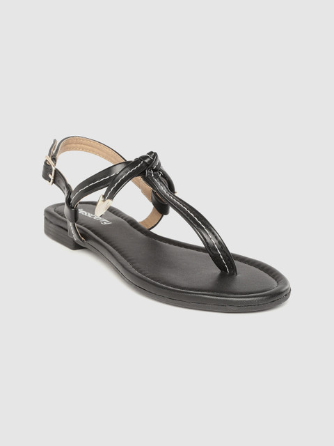 

DressBerry Women Black Solid T-Strap Flats with Knot Detail