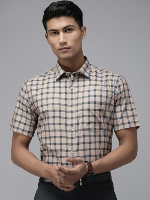 

Park Avenue Men Beige & Navy Blue Regular Fit Checked Formal Shirt