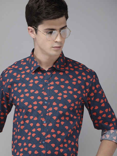 

Park Avenue Men Navy Blue & Orange Pure Cotton Super Slim Fit Printed Formal Shirt