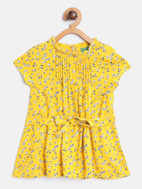 

United Colors of Benetton Girls Yellow & Blue Floral Print A-Line Dress