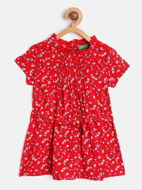 

United Colors of Benetton Girls Red & Blue Floral Print A-Line Dress