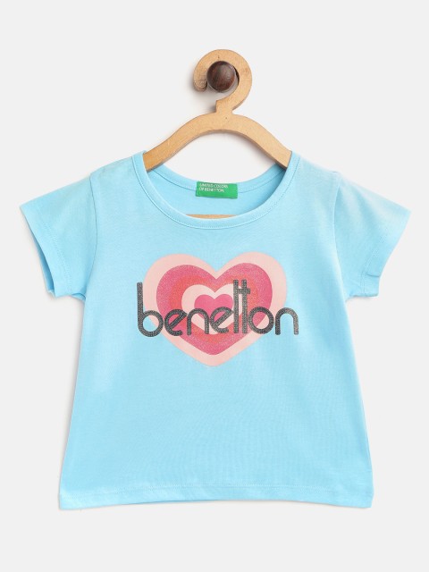 

United Colors of Benetton Girls Blue Pure Cotton Brand Logo Print Round Neck T-shirt