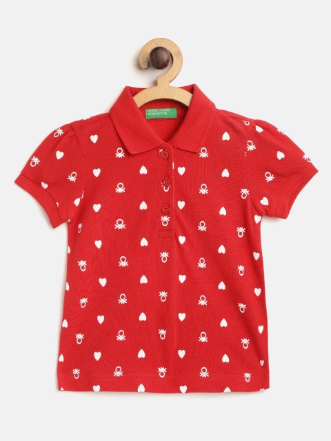 

United Colors of Benetton Girls Red & White Cotton Brand Logo Print Polo Collar T-shirt