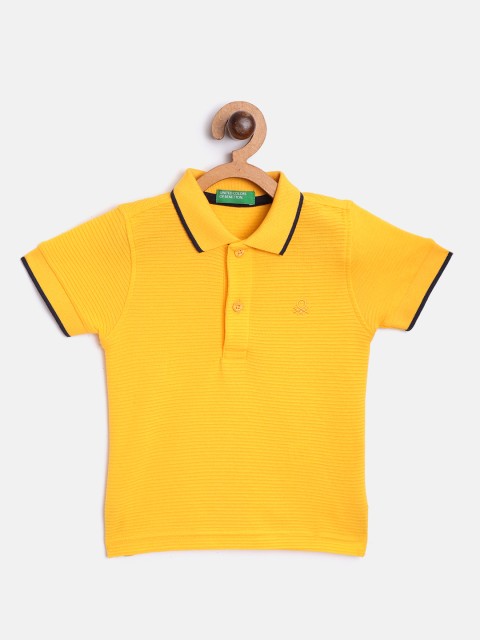 

United Colors of Benetton Boys Yellow Pure Cotton Self-Striped Polo Collar T-shirt