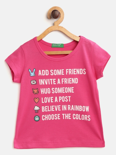 

United Colors of Benetton Girls Pink & White Pure Cotton Printed Round Neck T-shirt