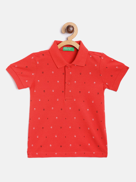 

United Colors of Benetton Boys Red & Black Cotton Brand Logo Print Polo Collar T-shirt