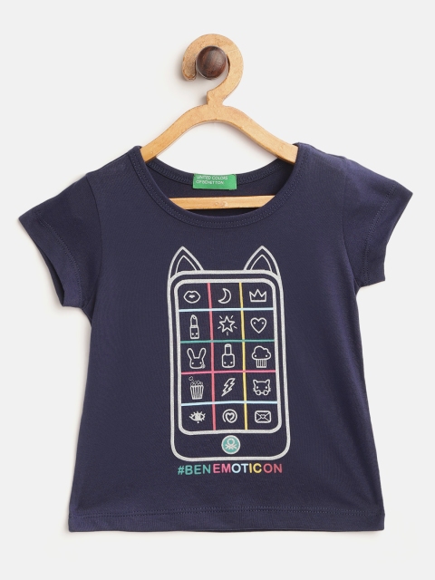 

United Colors of Benetton Girls Navy Blue Pure Cotton Graphic Print Round Neck T-shirt