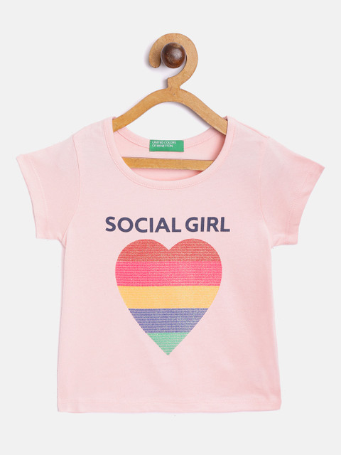 

United Colors of Benetton Girls Pink Pure Cotton Printed Round Neck T-shirt
