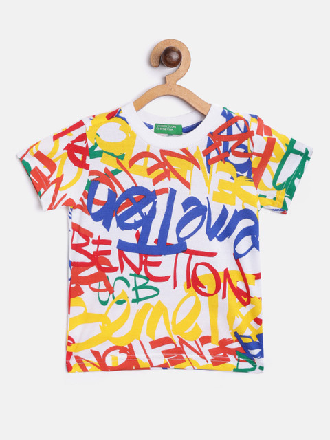 

United Colors of Benetton Boys Multicoloured Pure Cotton Graffiti Print Round Neck T-shirt, Multi
