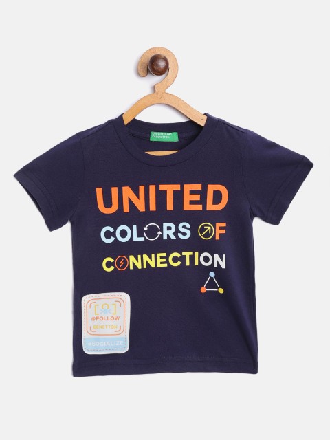 

United Colors of Benetton Boys Navy Blue Orange Brand Logo Print Pure Cotton T-shirt