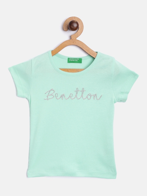 

United Colors of Benetton Girls Green Pure Cotton Brand Logo Print Round Neck T-shirt