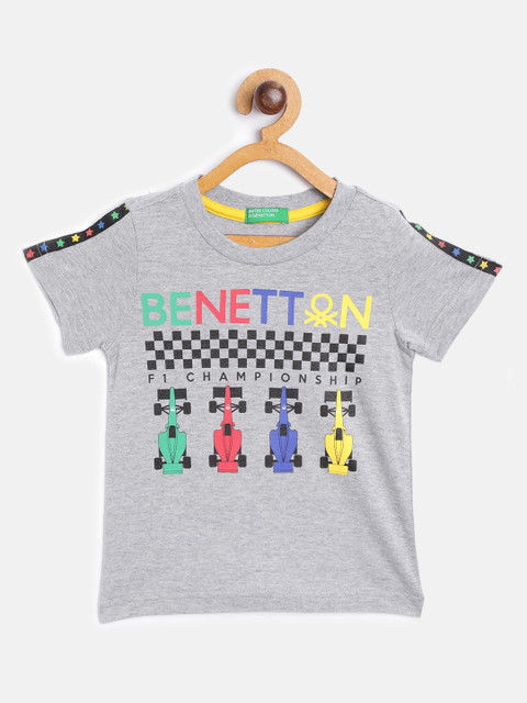

United Colors of Benetton Boys Grey Melange & Black Printed Pure Cotton Round Neck T-shirt