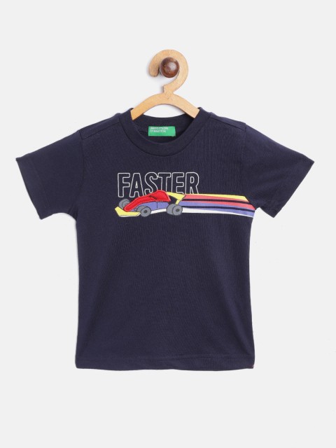 

United Colors of Benetton Boys Navy Blue Printed Round Neck Pure Cotton T-shirt