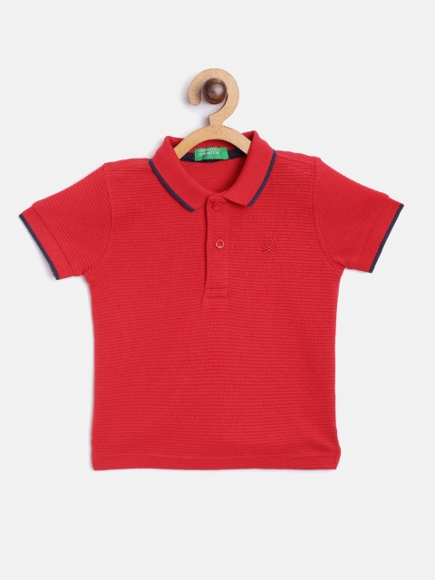 

United Colors of Benetton Boys Red Pure Cotton Self Striped Polo Collar T-shirt