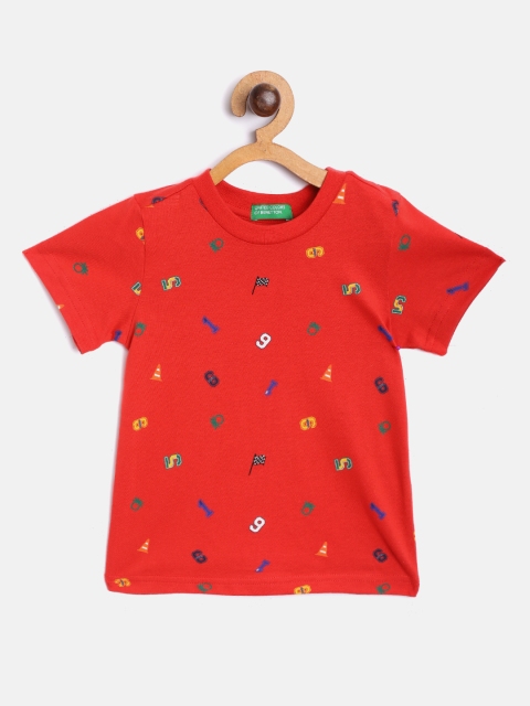 

United Colors of Benetton Boys Red Blue Printed Round Neck Pure Cotton T-shirt