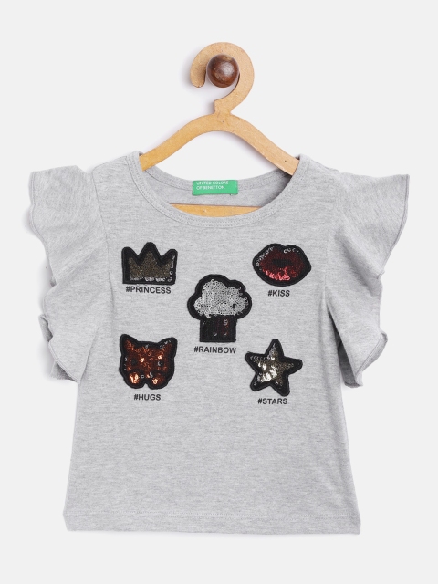 United Colors of Benetton Girls Grey Melange Cotton Sequinned Applique Top