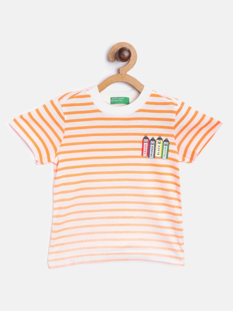 

United Colors of Benetton Boys White & Orange Pure Cotton Striped Round Neck T-shirt