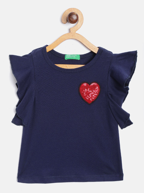 

United Colors of Benetton Girls Navy & Red Pure Cotton Solid Sequinned Applique Top, Navy blue
