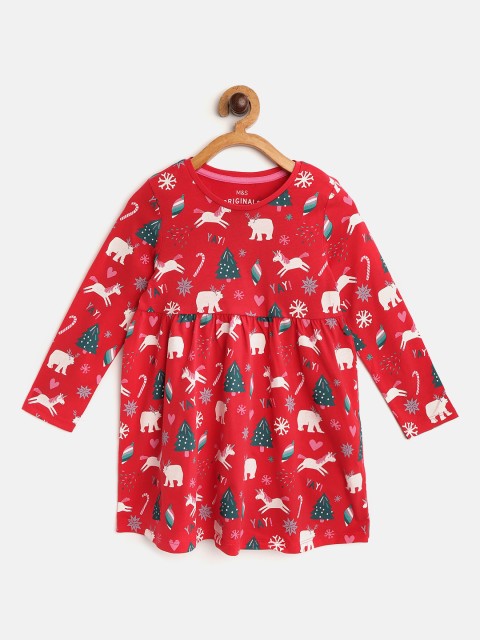 

Marks & Spencer Girls Red & Off-White Christmassy Print Cotton Sustainable A-Line Dress