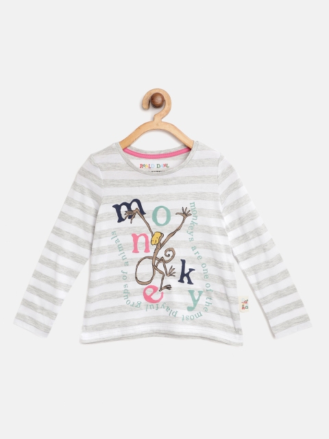 

Marks & Spencer Girls White & Grey Melange Striped Round Neck T-shirt with Printed Detail