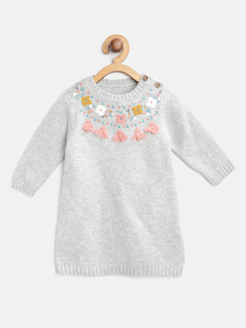 

Marks & Spencer Girls Grey Melange & Pink Floral Embroidered & Tassel Detail Sweater Dress