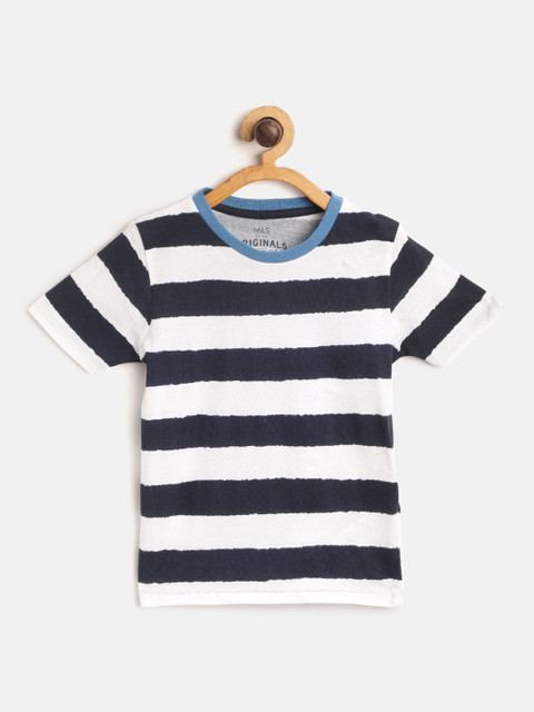 

Marks & Spencer Boys Navy Blue & White Pure Cotton Striped Round Neck Sustainable T-shirt