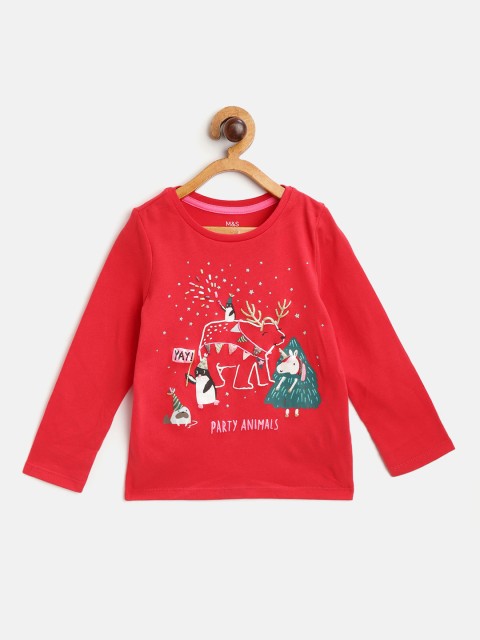 

Marks & Spencer Girls Red & Green Printed Sustainable Pure Cotton Round Neck T-shirt