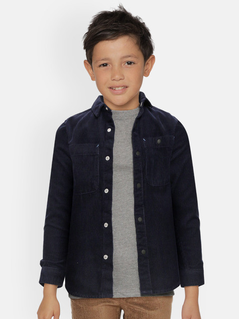 

Marks & Spencer Boys Navy Blue & Grey Melange Solid Corduroy Casual Shirt with T-Shirt