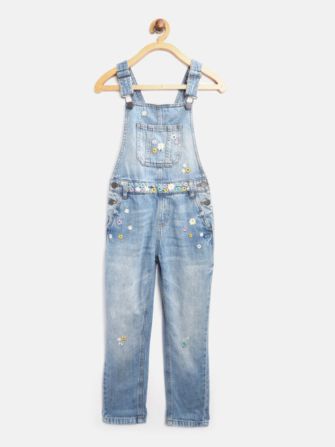 

Marks & Spencer Girls Blue Floral Embroidered Sustainable Washed Denim Dungarees
