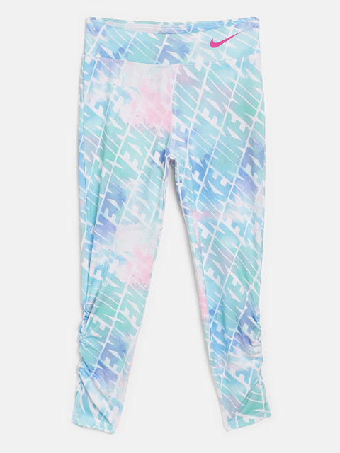 

Nike Girls Blue & White Dri-FIT Watercolor Brand Logo Print Ruched Tights