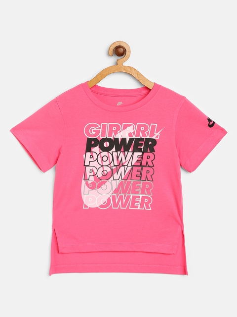 

Nike Girls Pink & Black Girl Power Print Round Neck High Low T-shirt