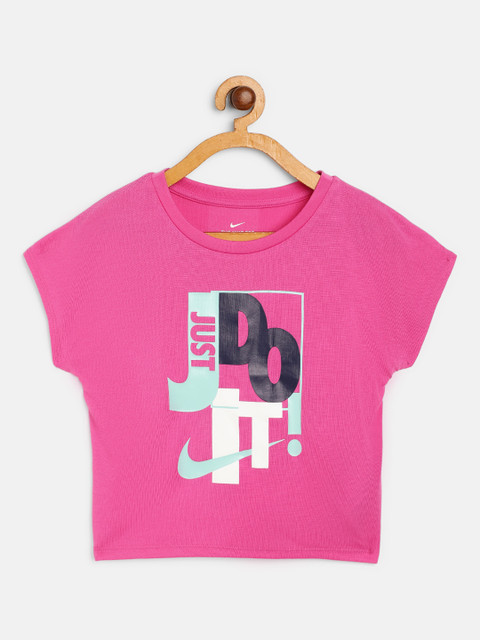 

Nike Girls Magenta JDI Toss Just Do It Print Round Neck Boxy T-shirt