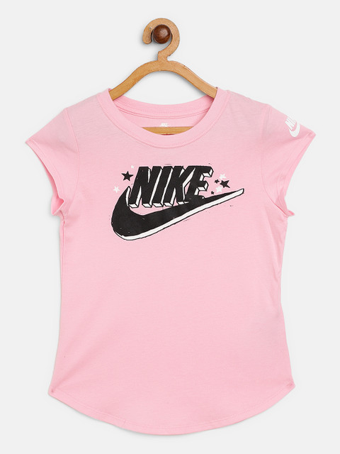 

Nike Girls Pink Black Futura Marker Brand Logo Round Neck Pure Cotton Scoop Pure Cotton T-shirt