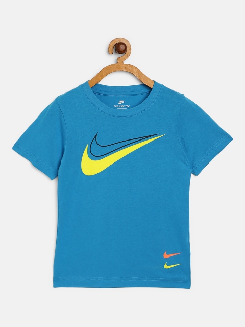 

Nike Boys Blue Fluorescent Green Pure Cotton Brand Logo Print Swoosh Sport Style Pure Cotton T-shirt