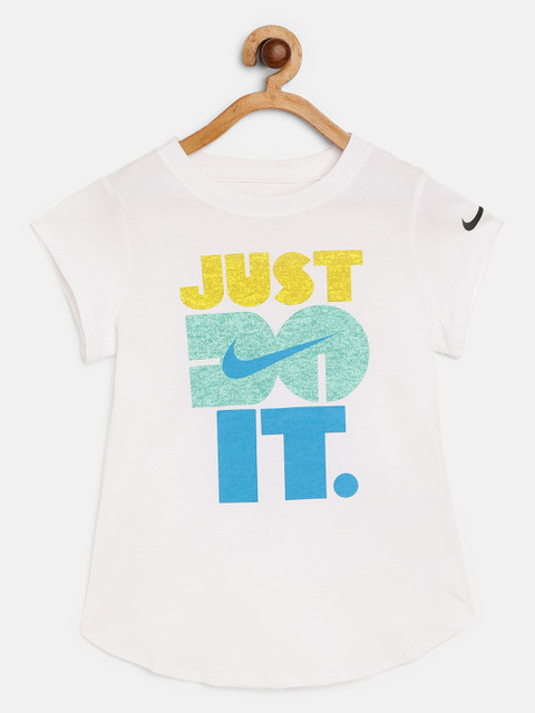 

Nike Girls White Pure Cotton Just Do It Print Faux Heather Scoop Round Neck T-shirt