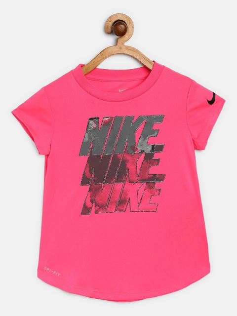 

Nike Girls Fuchsia Pink Futura Water Dri-FIT Brand Logo Round Neck Scoop T-shirt