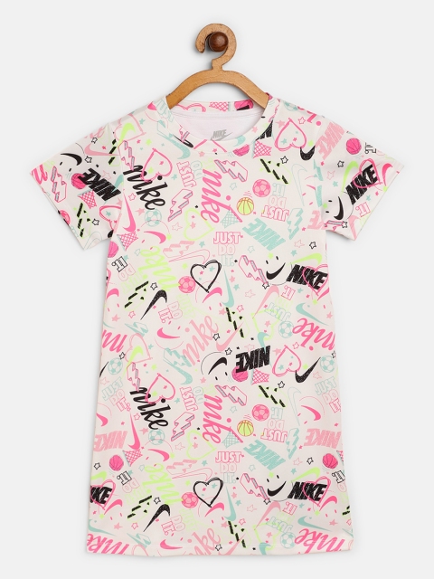 

Nike Girls White & Pink Brand Logo & Typography Print NSW Drapey Jersey Dress