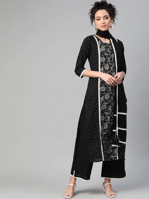

Indo Era Women Black & White Pure Cotton Floral Printed Kurta with Palazzos & Dupatta