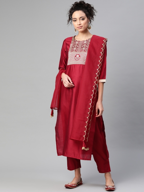 

Indo Era Women Maroon Yoke Design Kurta with Trousers & Dupatta