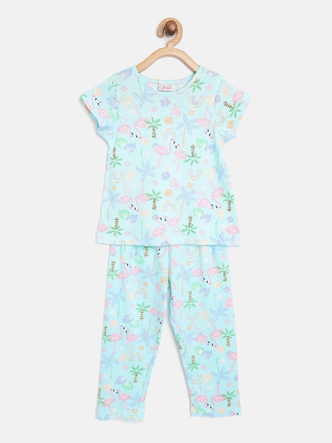 

pspeaches Girls Blue & Pink Tropical Print Pure Cotton Night Suit