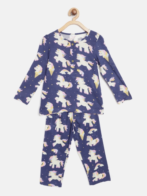 

pspeaches Girls Navy Blue & Cream-Coloured Unicorn Print Night Suit