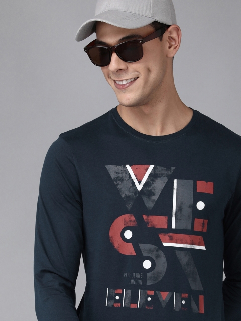 

BEAT LONDON by PEPE JEANS Men Blue & Red Printed Pure Cotton T-shirt